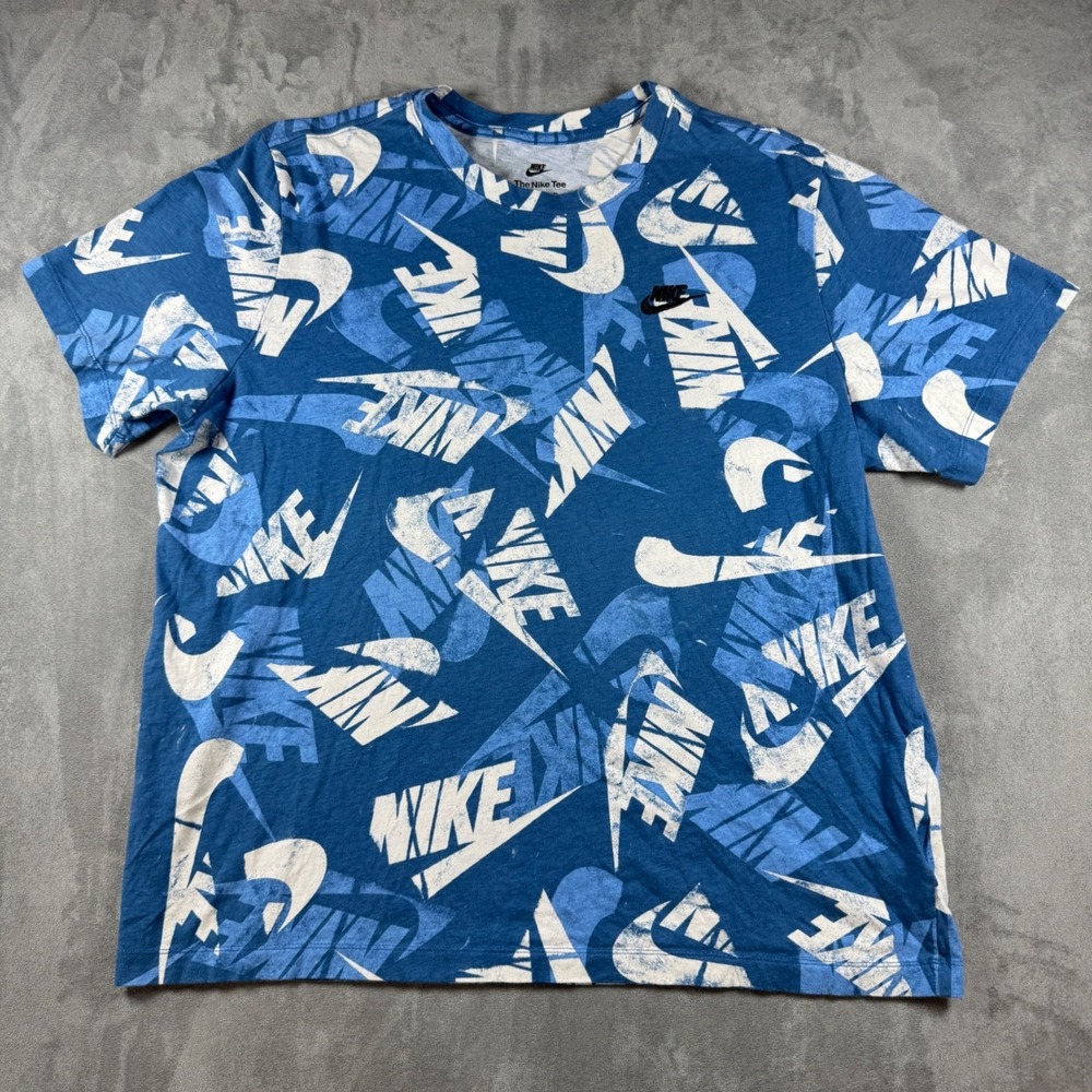 Nike Sportswear Mens All Over Print Logo T-Shirt Blue White DM6381-407 XL